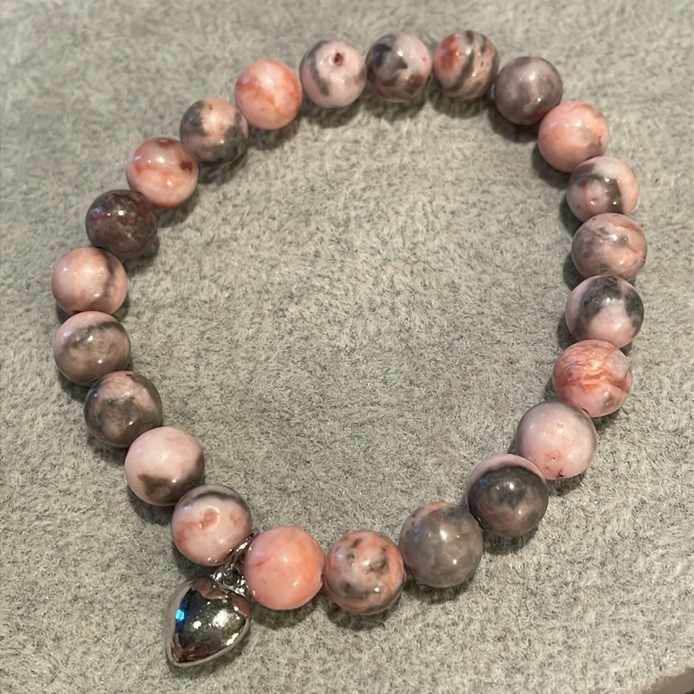 Natural Pink Marble Jasper Beaded Bracelet With Silver Heart 6.5”